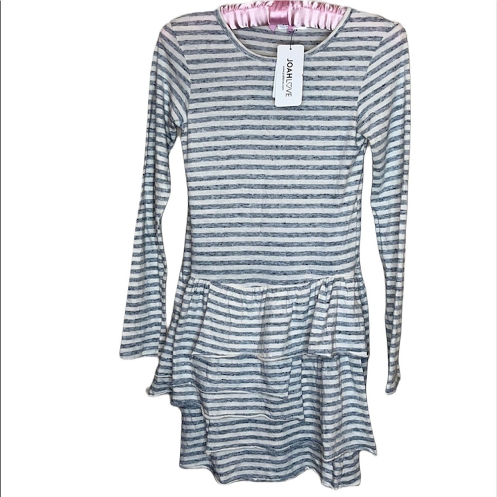 JOAH LOVE Girls Gray White Striped Tiered Ruffle Dress Size 12